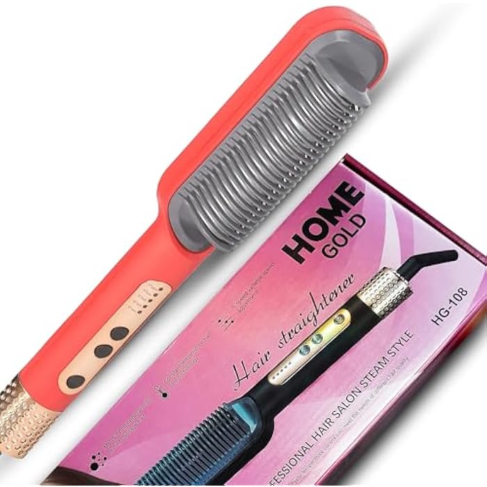 HOME GOLD Electric Hair Straightener - Ceramic Plate, Fast Heating, Hair Beauty Care - Professional Straightener Comb - Effortless Styling and Safety, 45w, HG-108 (Red) - Image 1